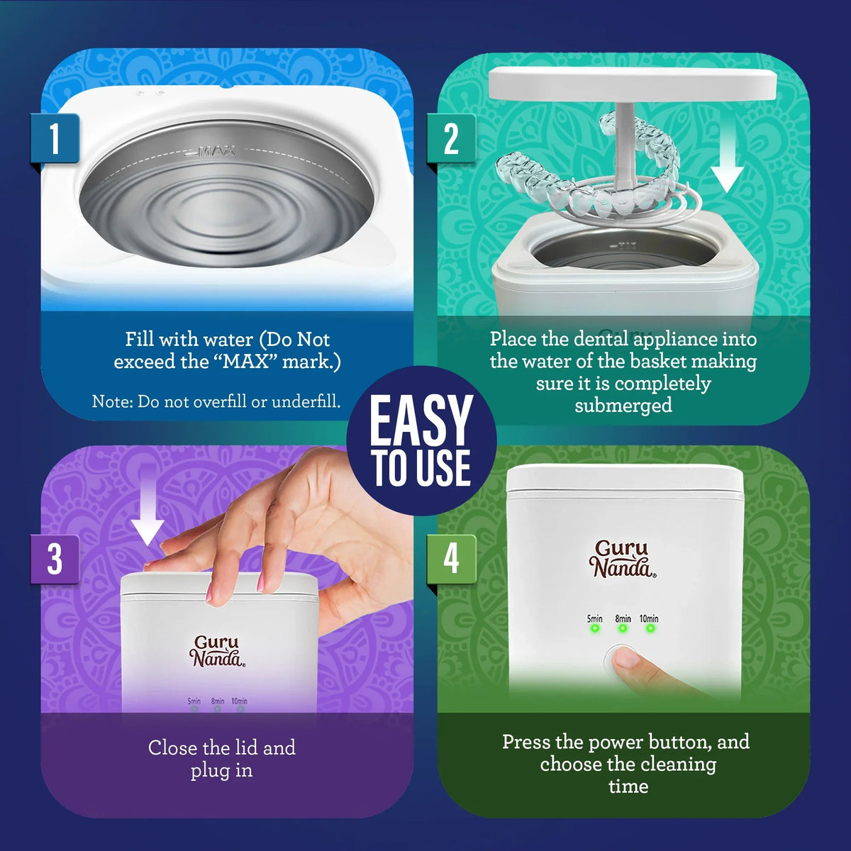 Ultrasonic denture cleaning pod showing water fill, lid closure, and power button, white.