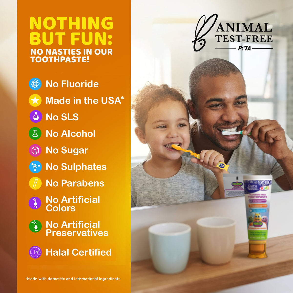 Kids fluoride-free toothpaste tube with feature icons beside a smiling child