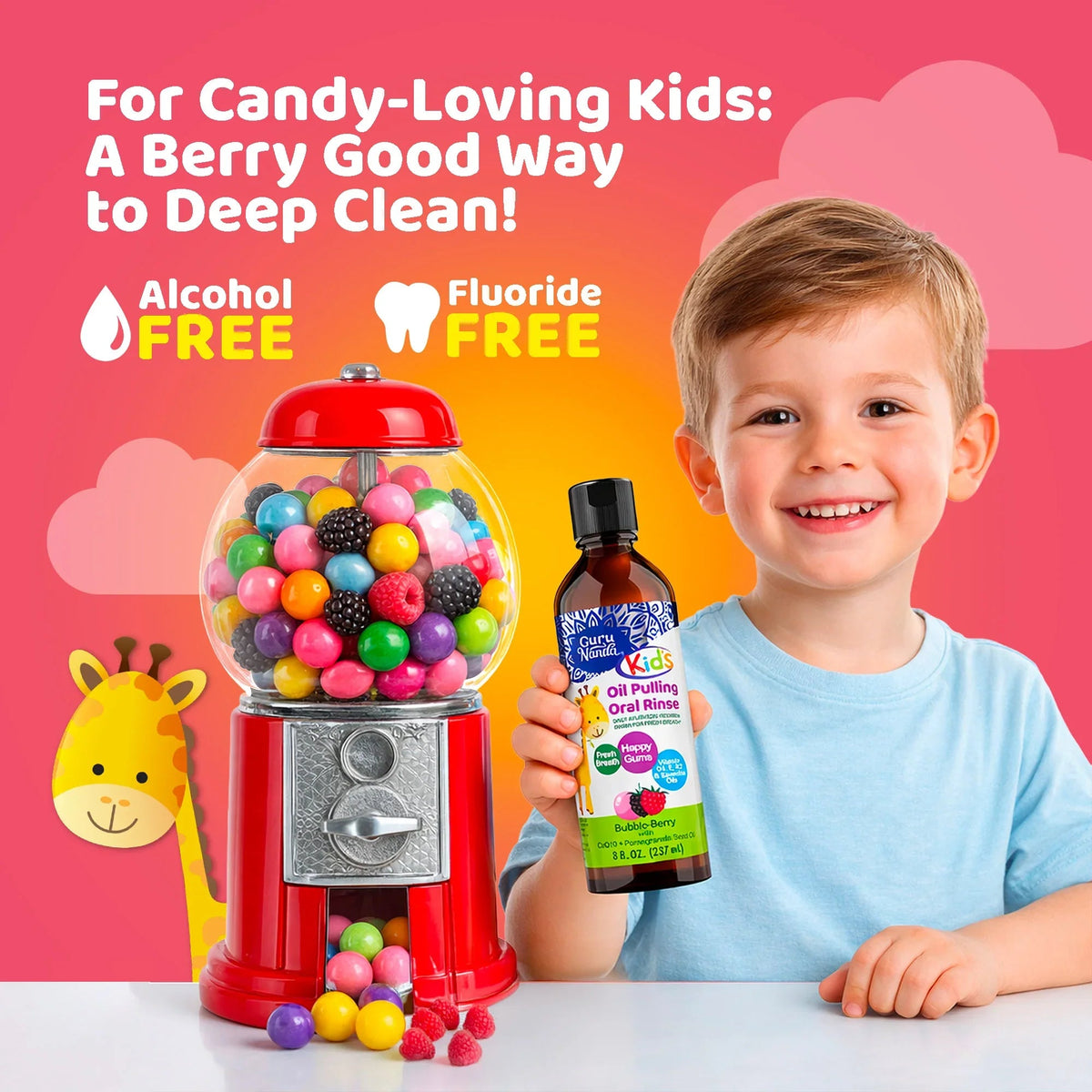 Kids Bubble-Berry oil pulling oral rinse bottle held by child, candy-themed