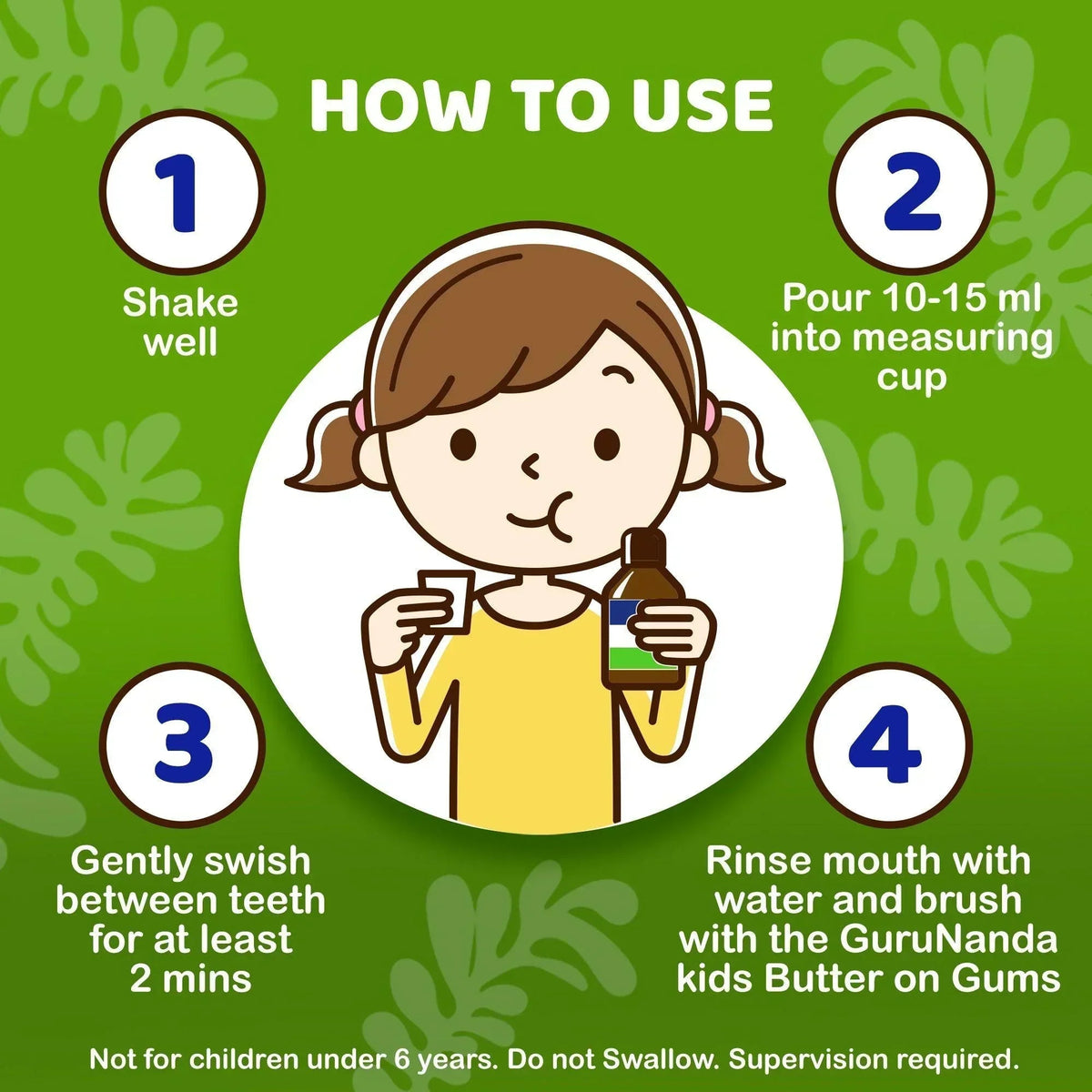 Kids oil pulling oral rinse how-to steps: shake, pour, swish, rinse