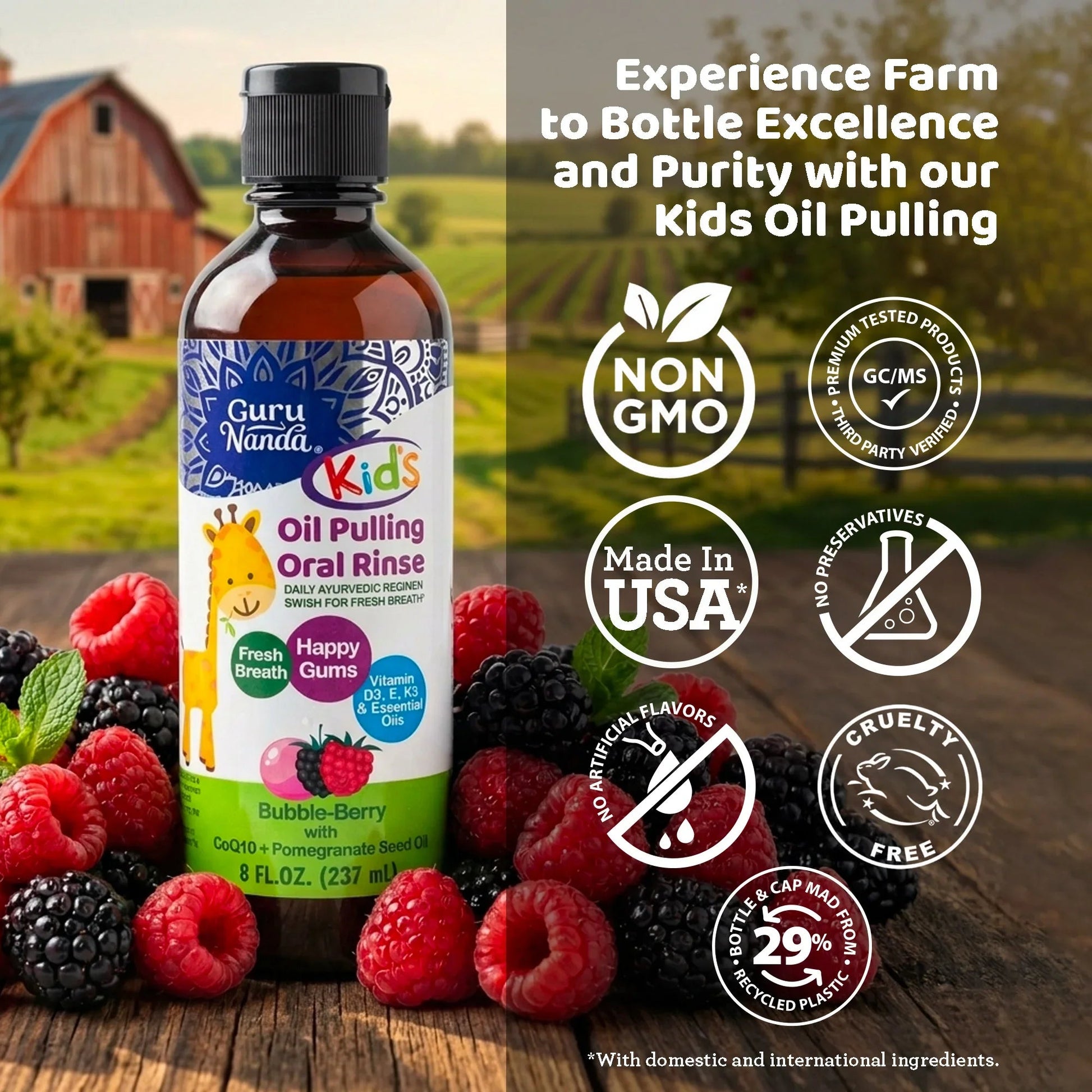 Kids oil pulling oral rinse bottle with Bubble-Berry label and fruit accents
