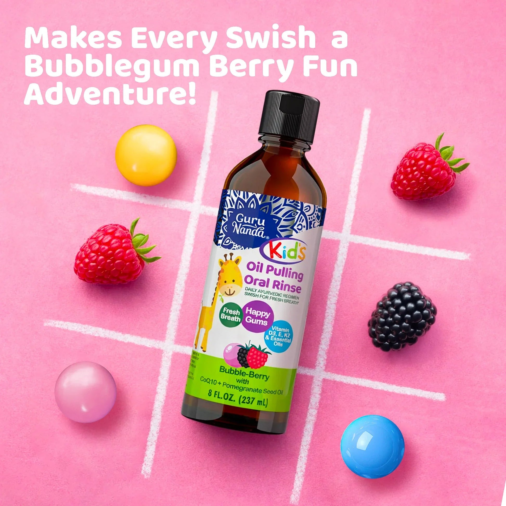 Kids oil pulling oral rinse bottle with Bubble-Berry label, surrounded by berry shapes
