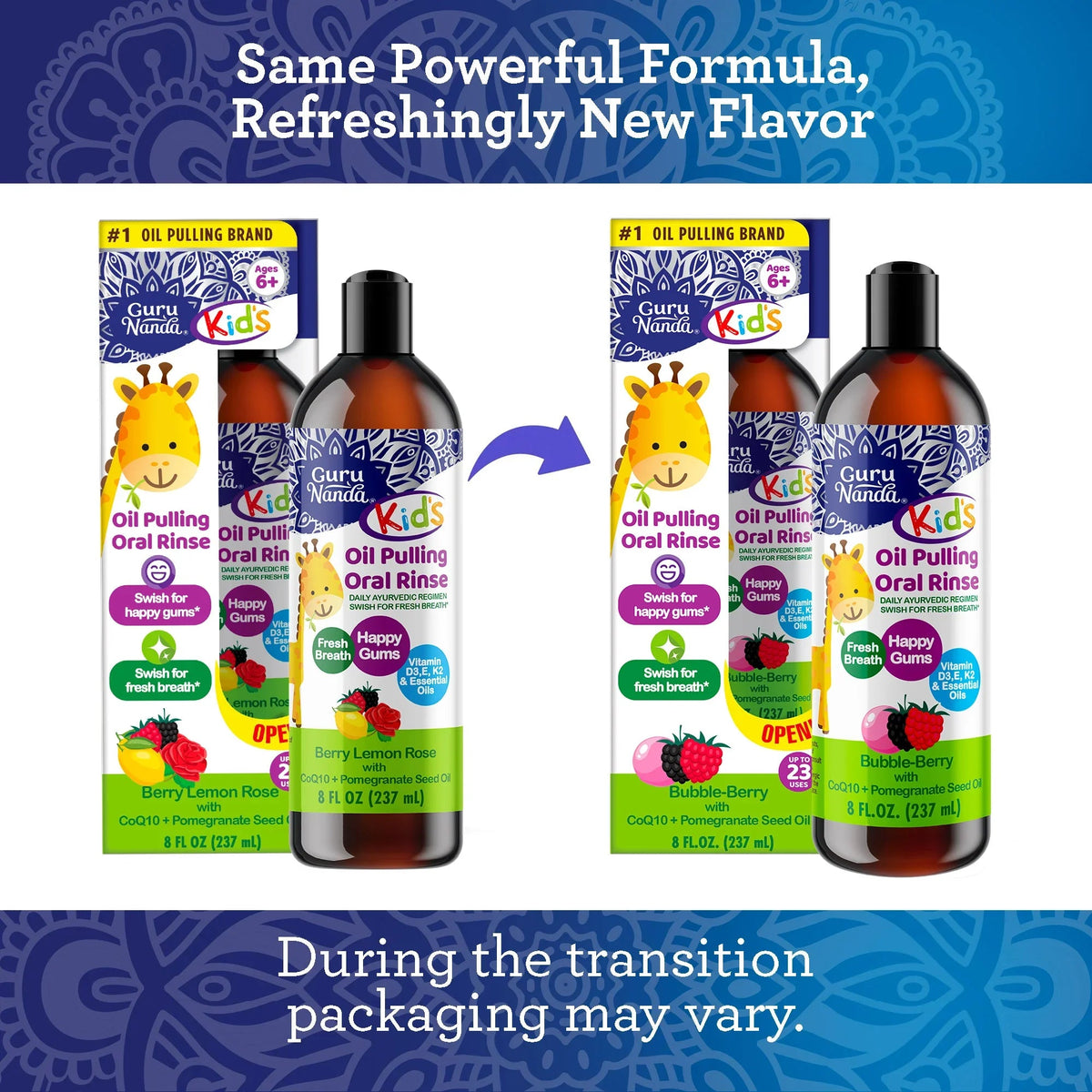 Kids oil pulling oral rinse, Bubble-Berry, with boxed set and two bottles