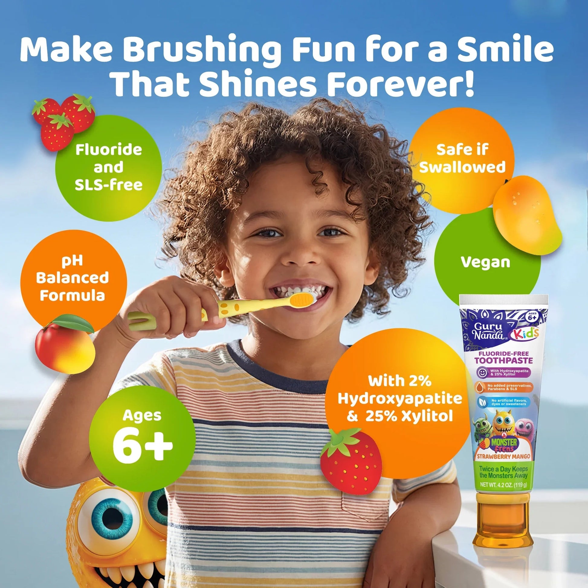 Kids fluoride-free toothpaste tube with strawberry mango flavor, shown with brushing