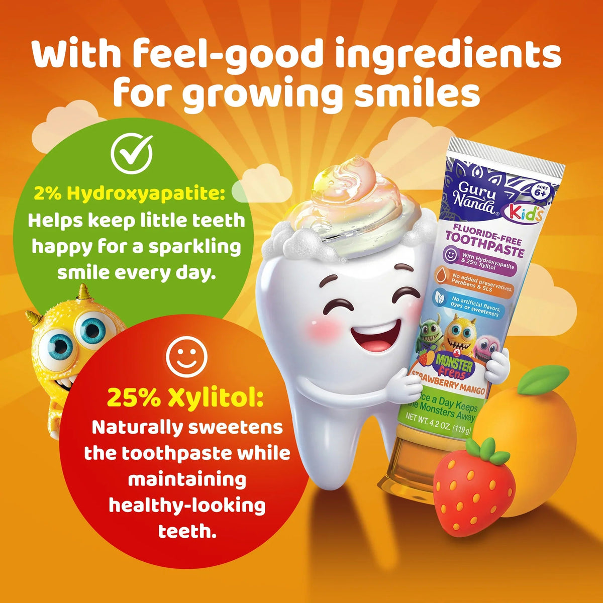 Kids fluoride-free toothpaste tube featuring hydroxyapatite and xylitol claims