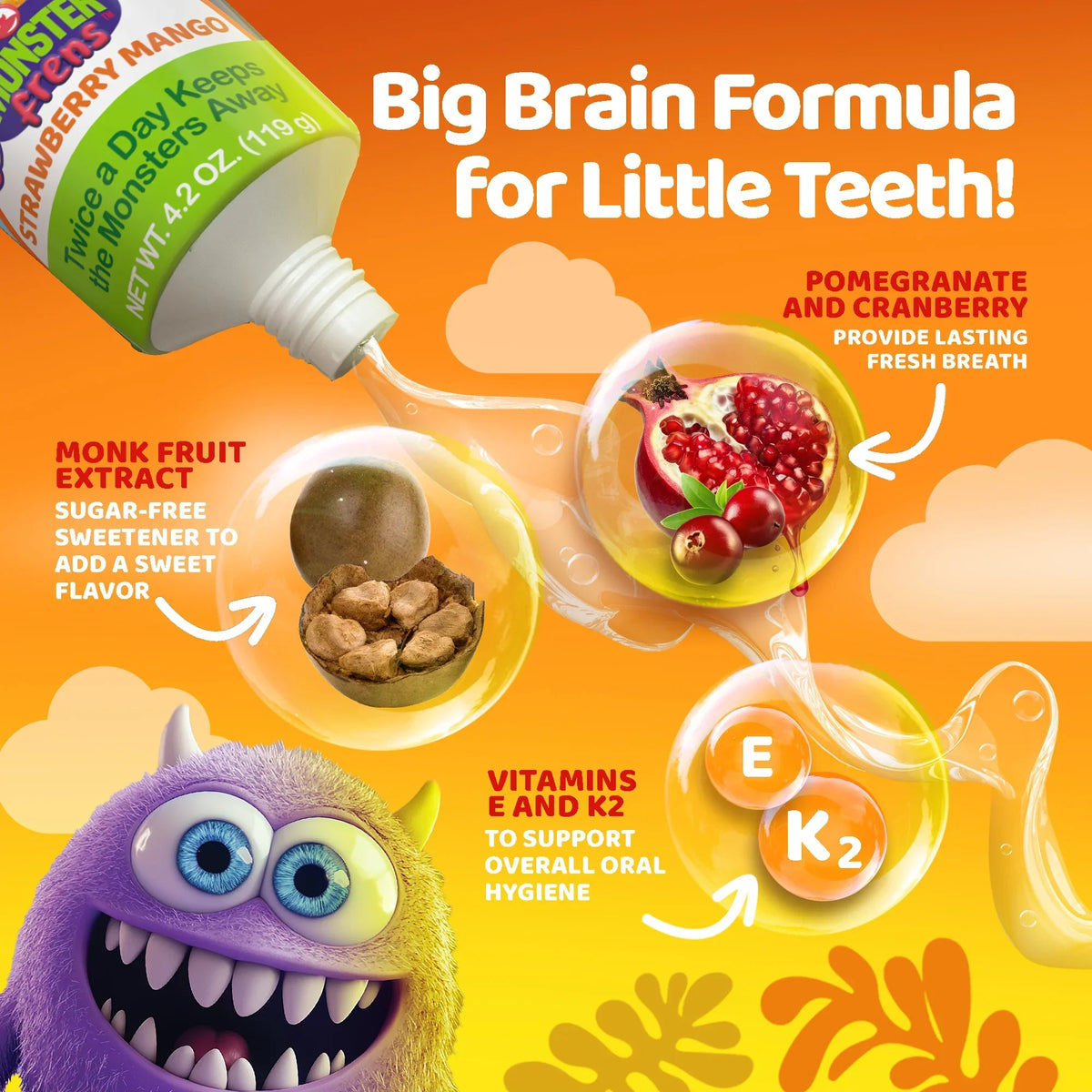 Kids fluoride-free toothpaste tube with vitamins E and K2, Monster Friends strawberry mango