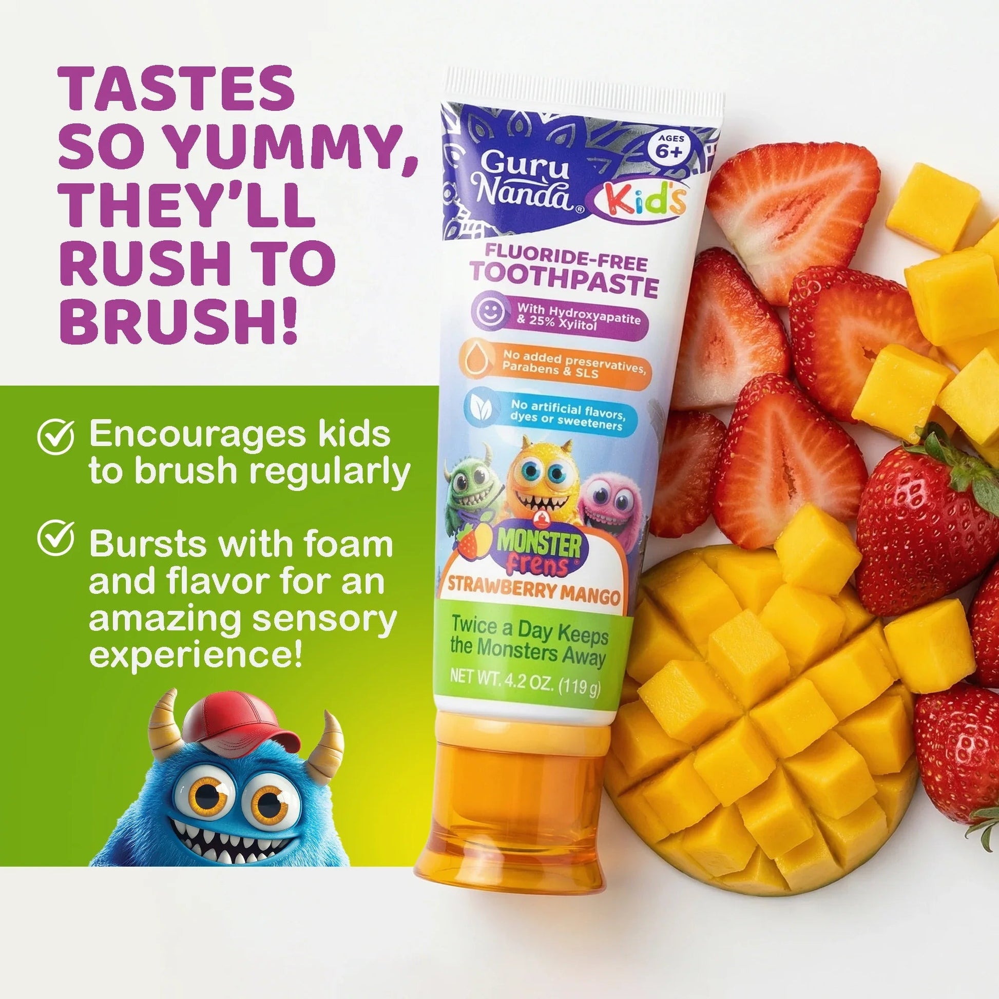 Kids fluoride-free toothpaste tube with strawberry mango flavor and fruit toppings