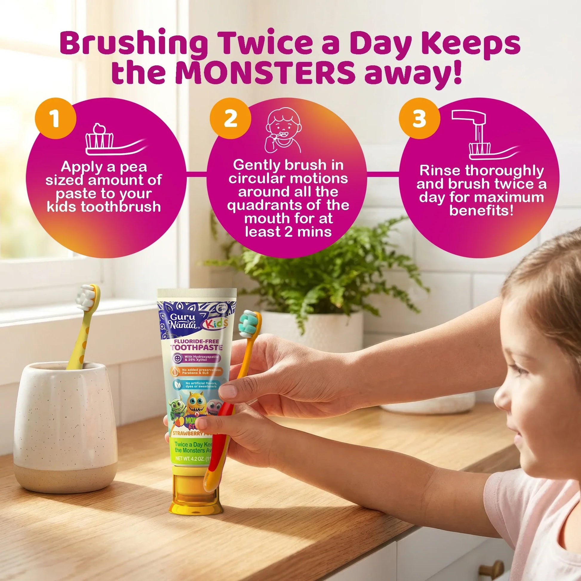 Kids fluoride-free toothpaste tube in a brushing routine, rinse step shown