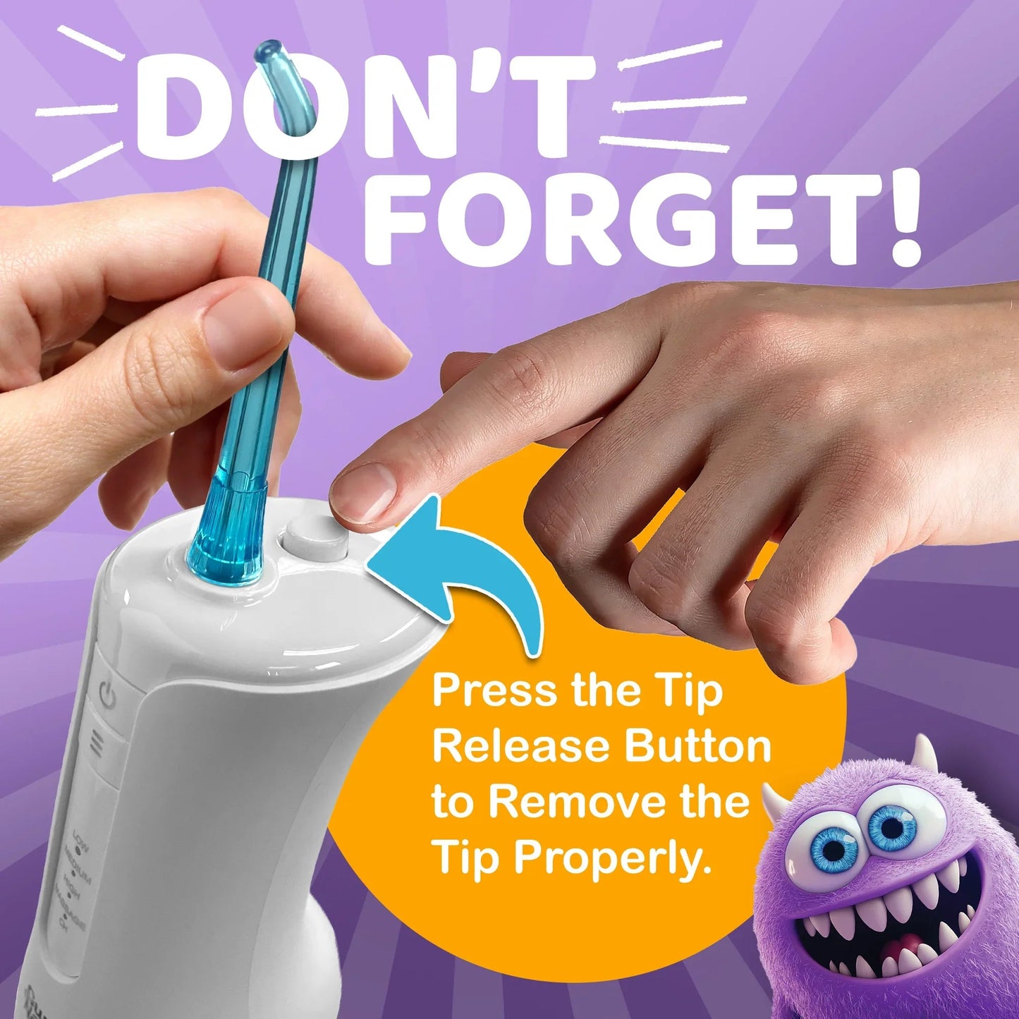 White kids water flosser with blue nozzle; hands pressing tip release button