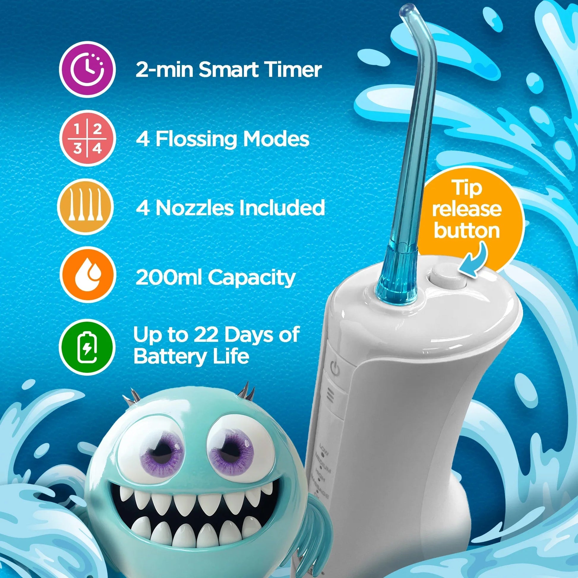 White kids water flosser with clear blue nozzle and monster-faced water tank