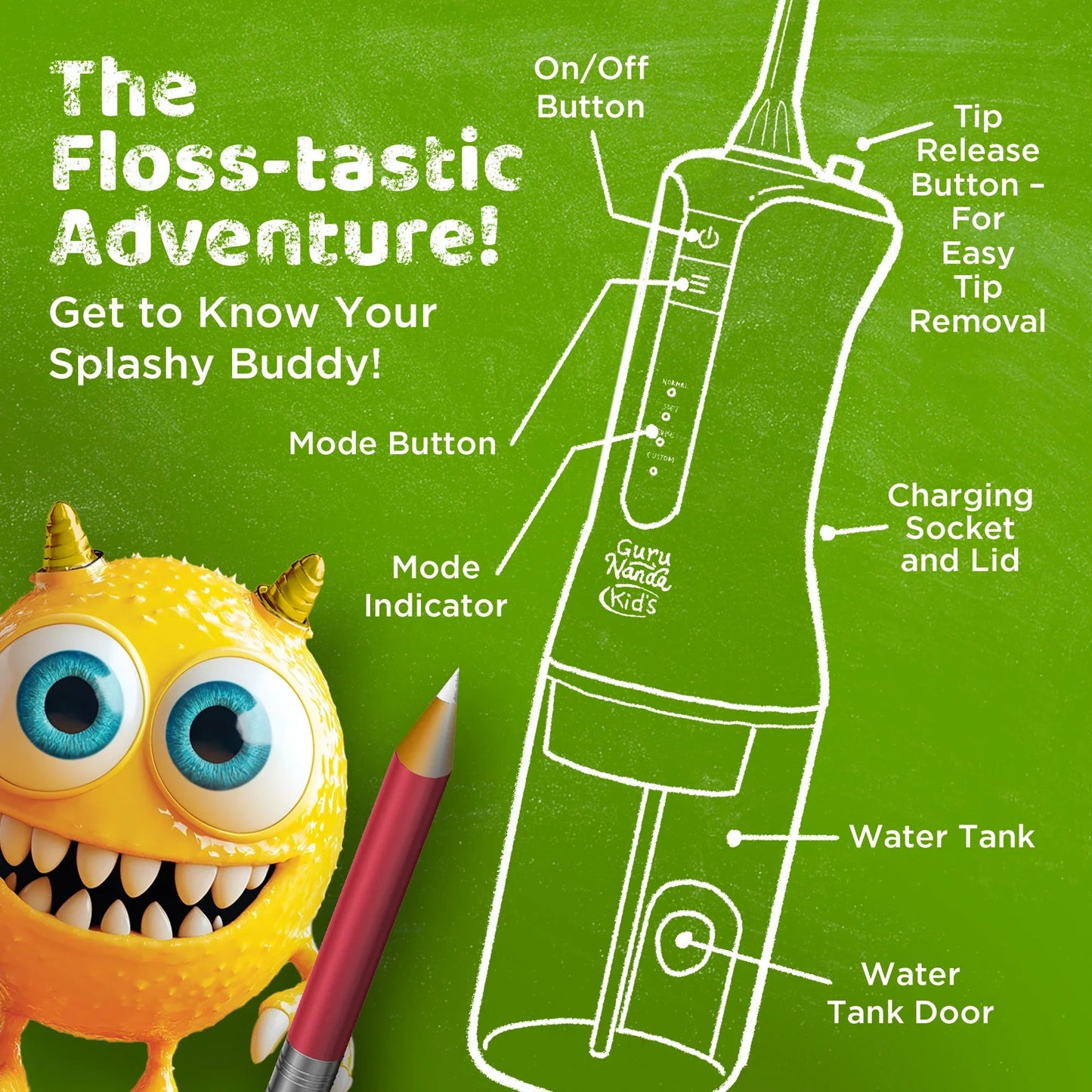 White kids water flosser with labeled parts diagram, including water tank and charging port