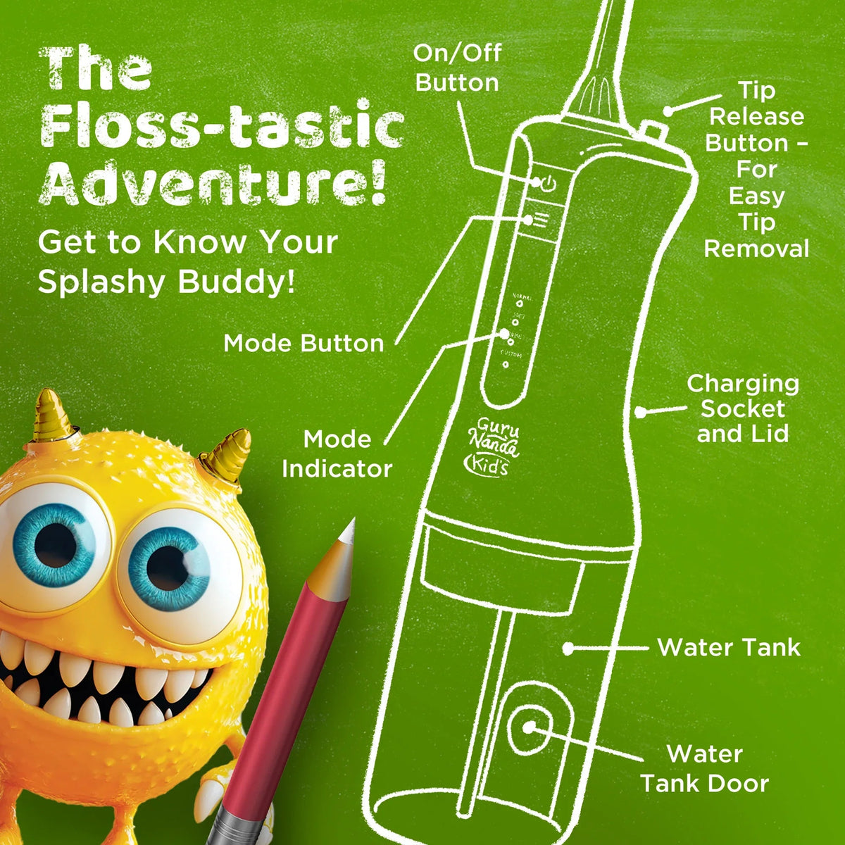 White kids water flosser with labeled parts diagram, including water tank and charging port