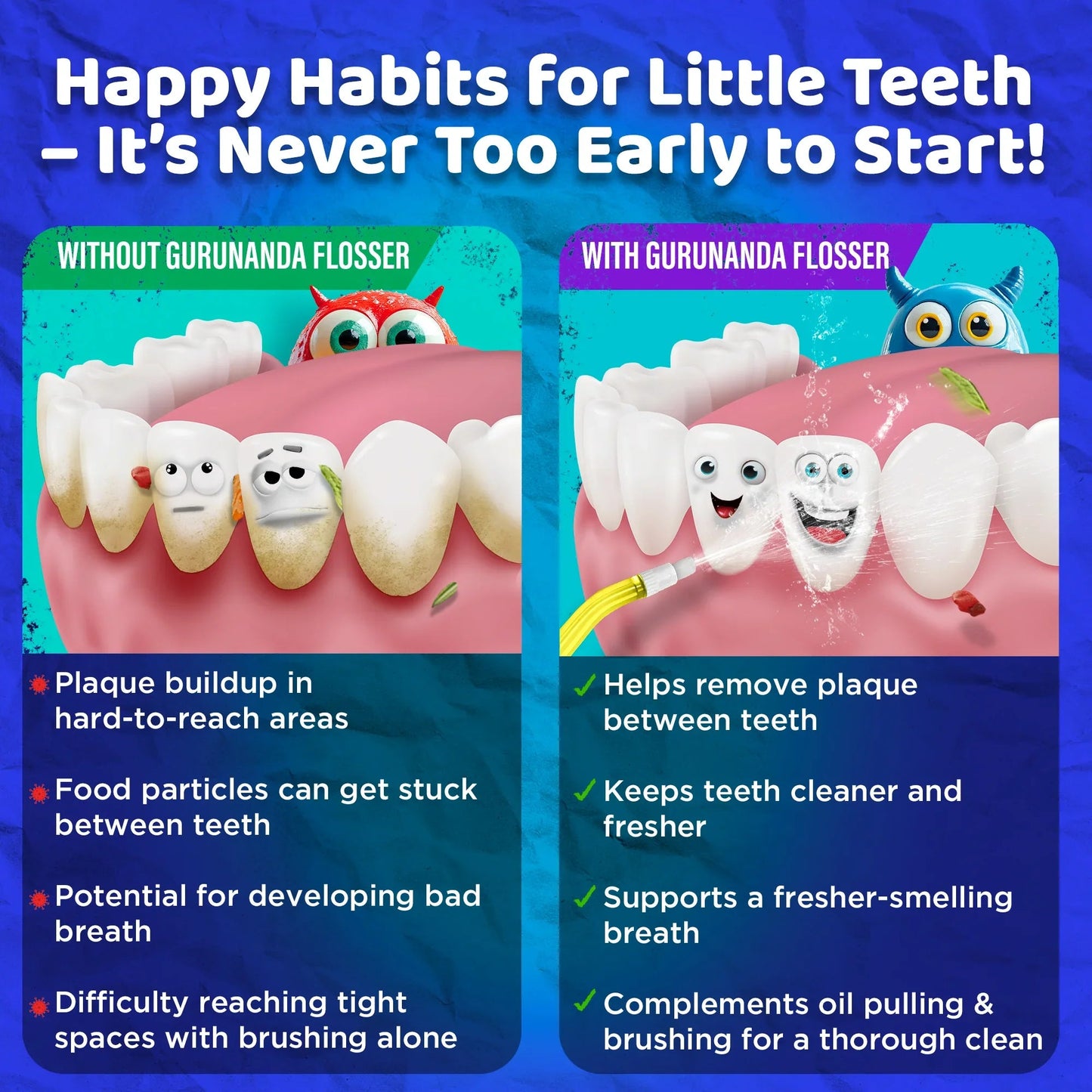 Kids water flosser shown with teeth before-and-after cleaning comparison