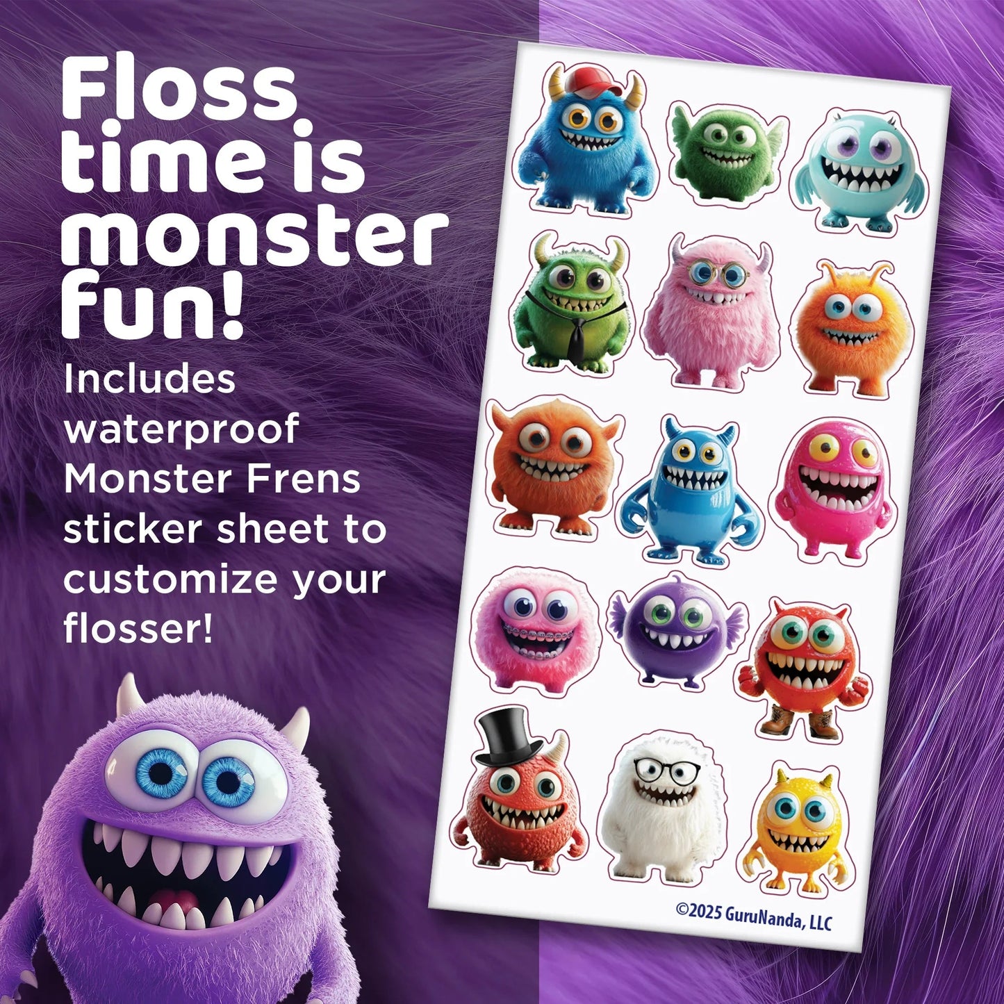 Water flosser sticker sheet with monster characters for customizing your flosser