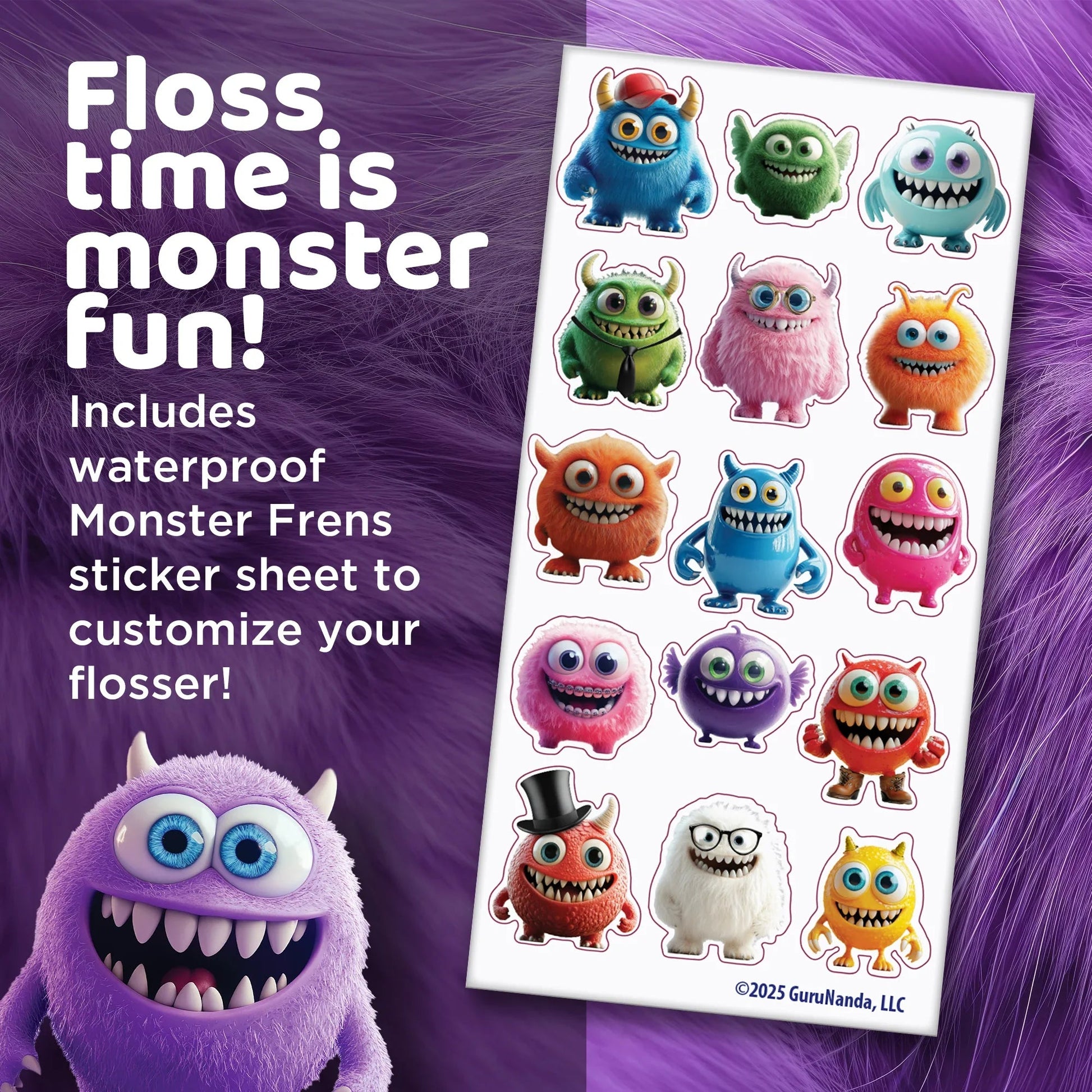 Water flosser sticker sheet with monster characters for customizing your flosser