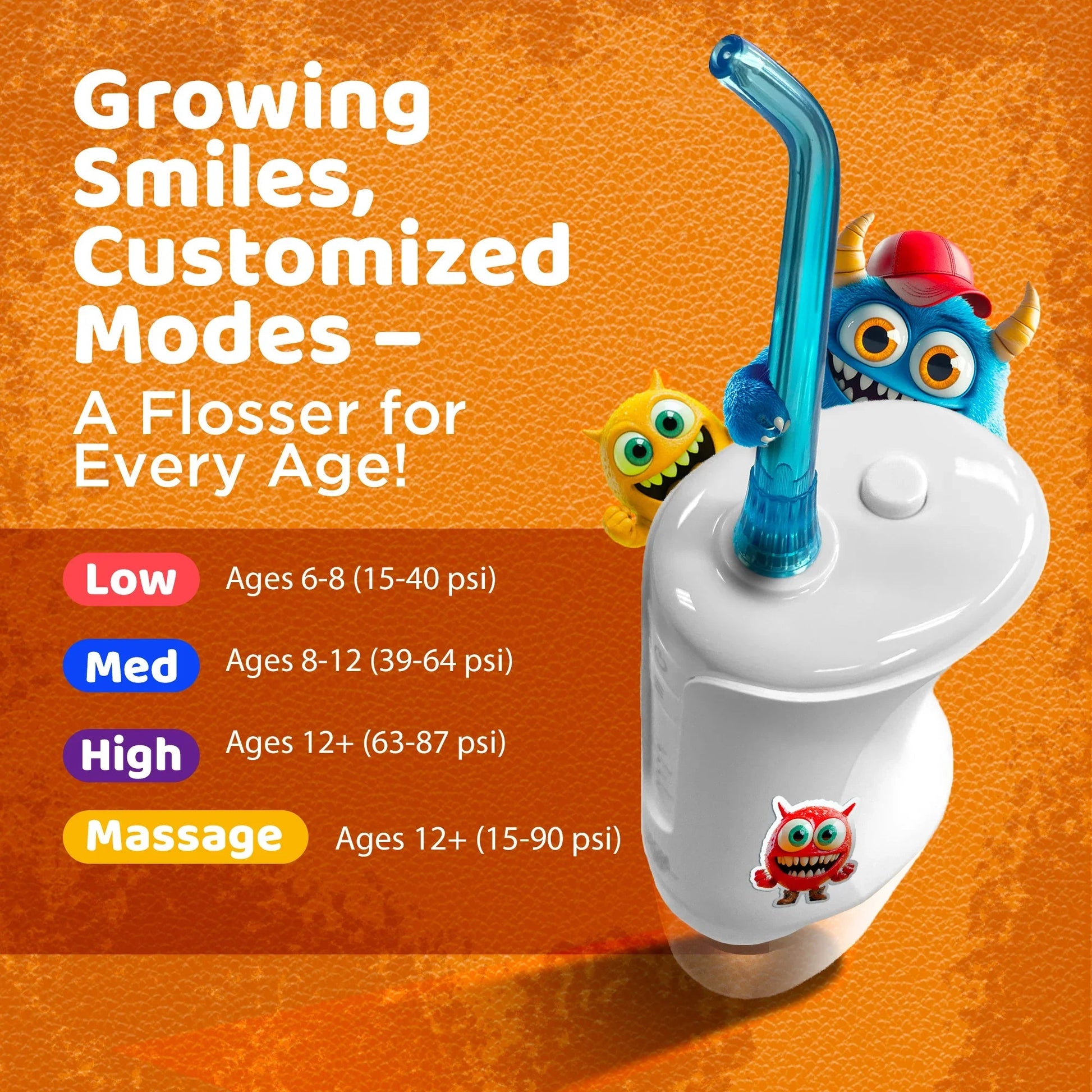 White kids water flosser with blue nozzle and monster decal on handle