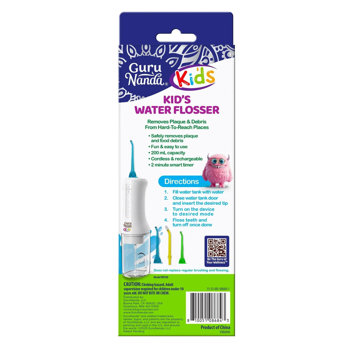 Kids water flosser box with product photo and white device nozzle diagram