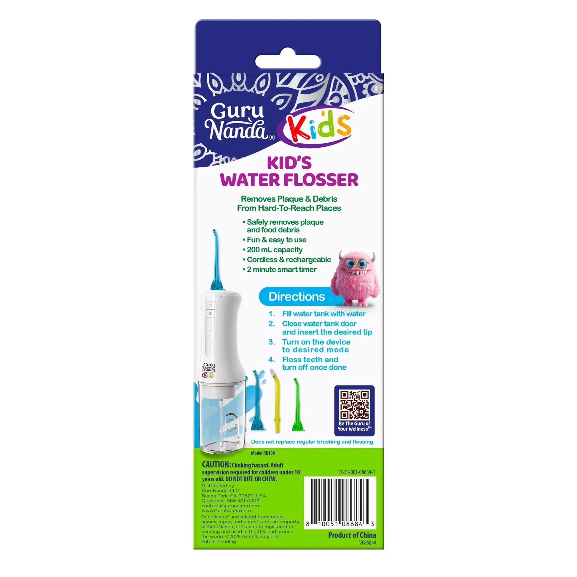 Kids water flosser box with product photo and white device nozzle diagram