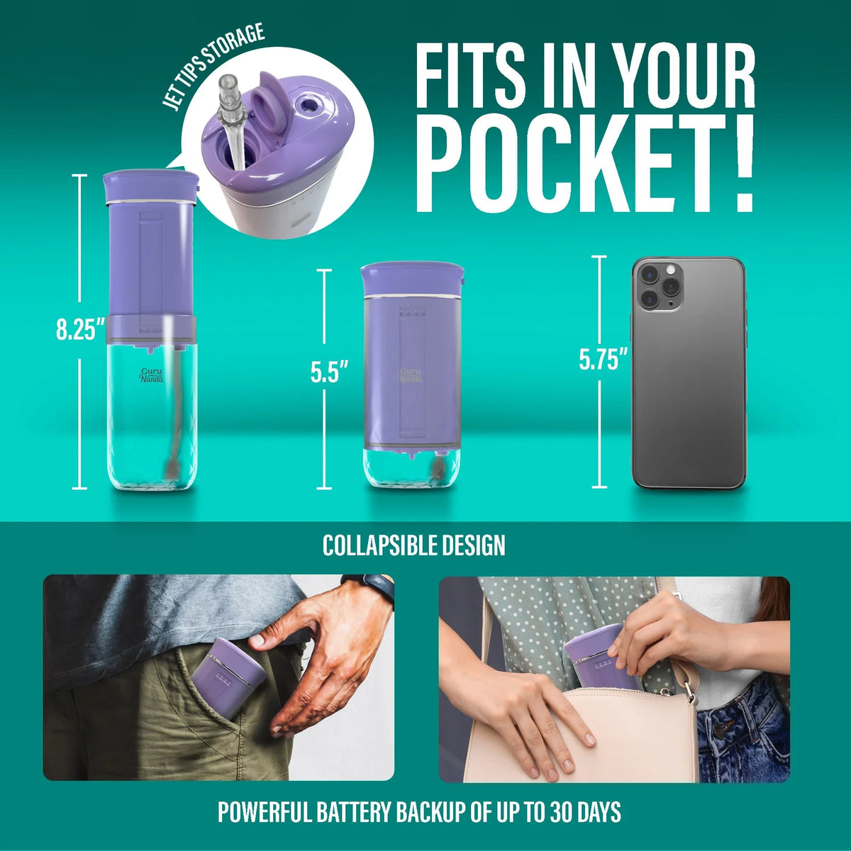 Lavender compact dental water flosser shown compact for pocket storage