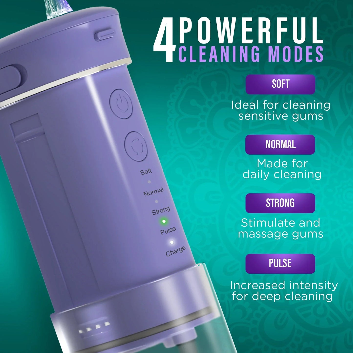 Lavender compact dental water flosser with four cleaning mode buttons