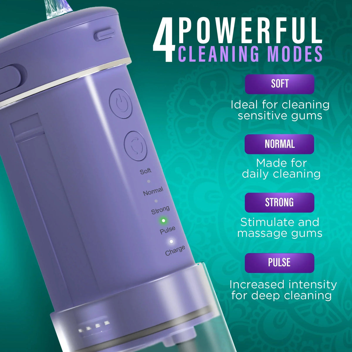 Lavender compact dental water flosser with four cleaning mode buttons