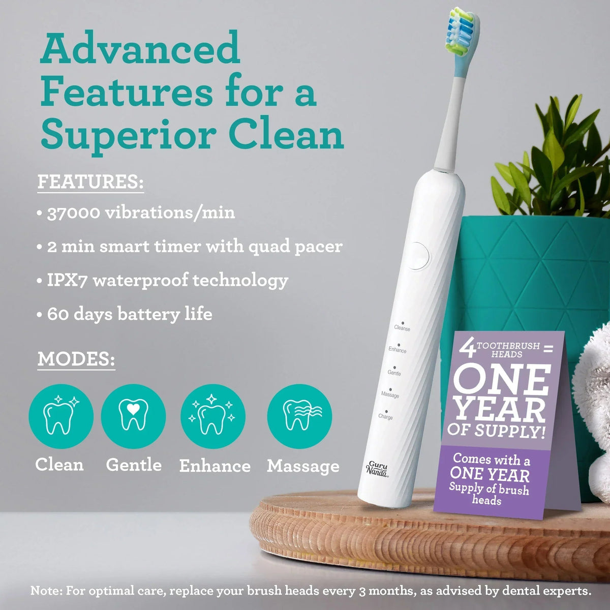 White sonic toothbrush handle with teal grip and a single multi-color bristle head.