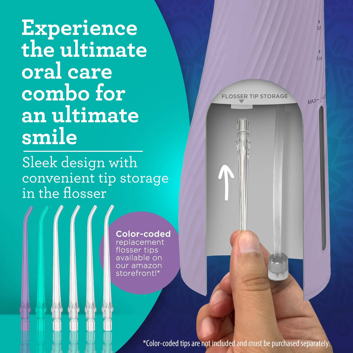 Lavender water flosser tip storage with color-coded replacement tips shown