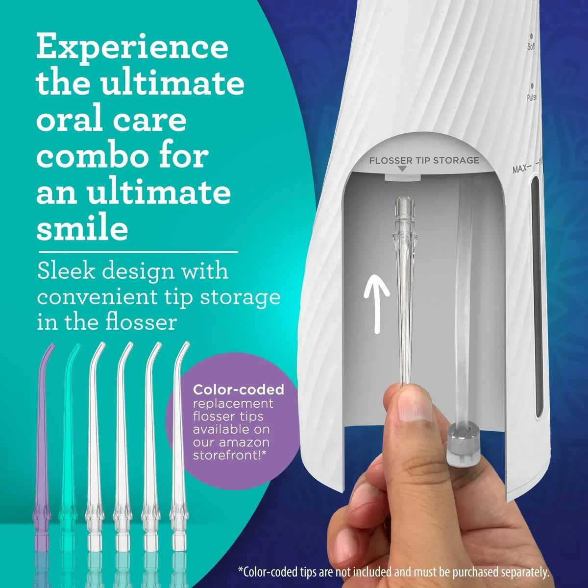 Portable sonic toothbrush showing built-in tip storage compartment on white handle.