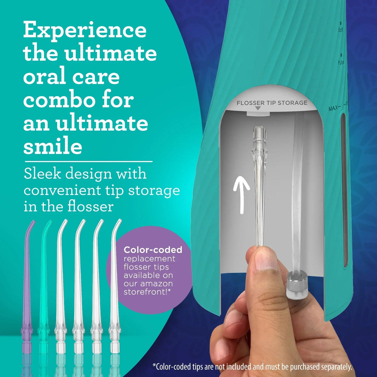 Teal flosser tip storage with replacement tip holders shown on the device