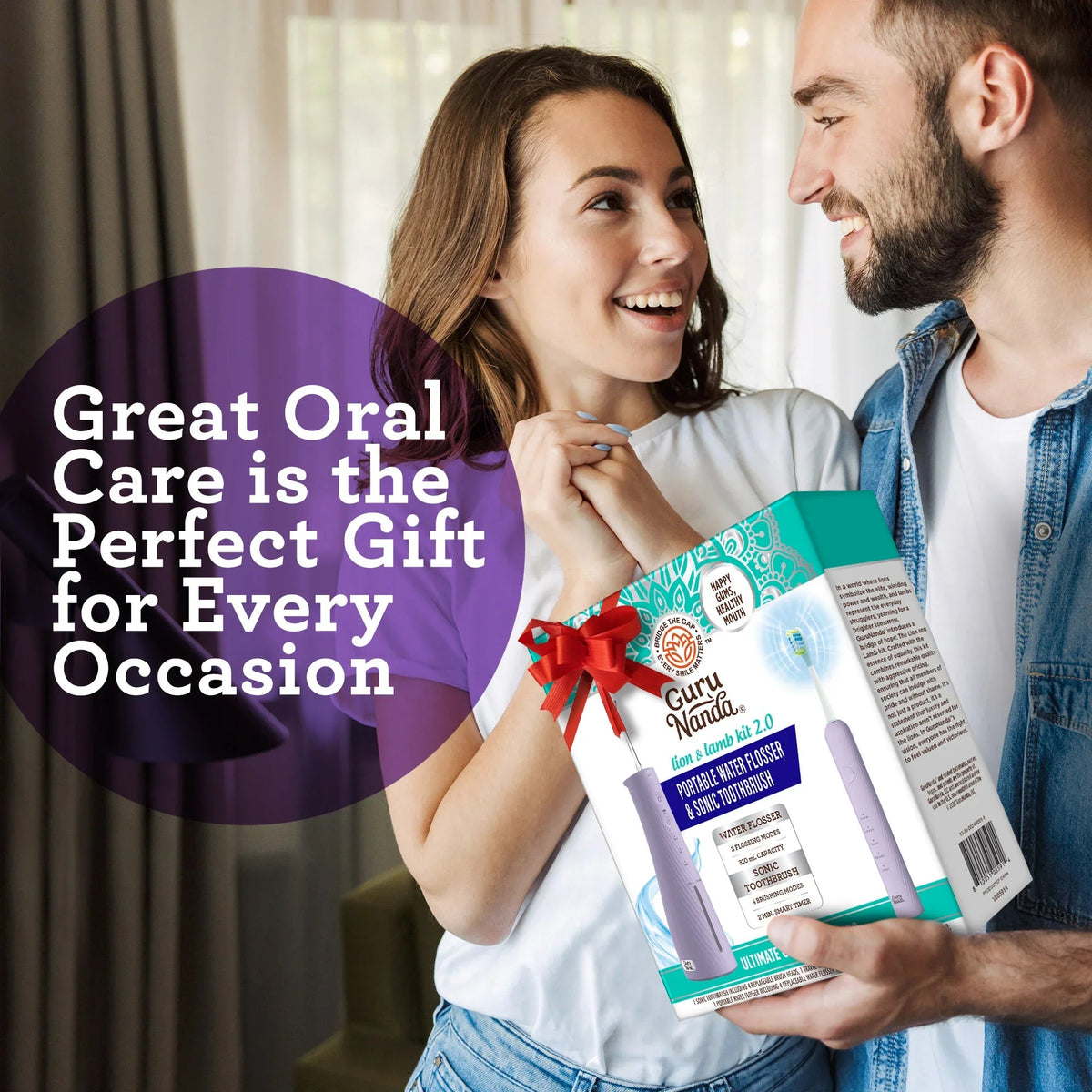 Couple holding a lavender oral care combo box with portable flosser and toothbrush