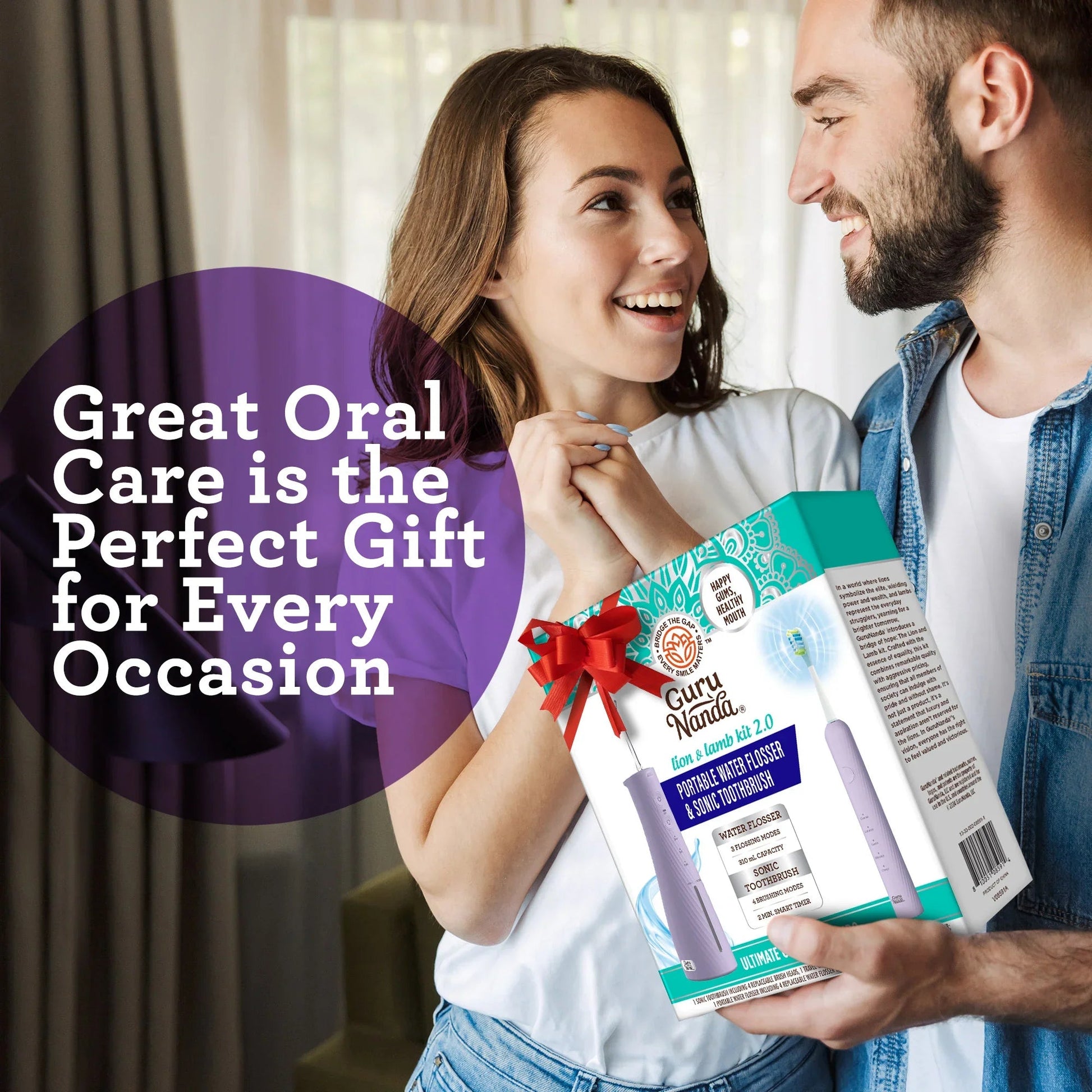 Couple holding a lavender oral care combo box with portable flosser and toothbrush
