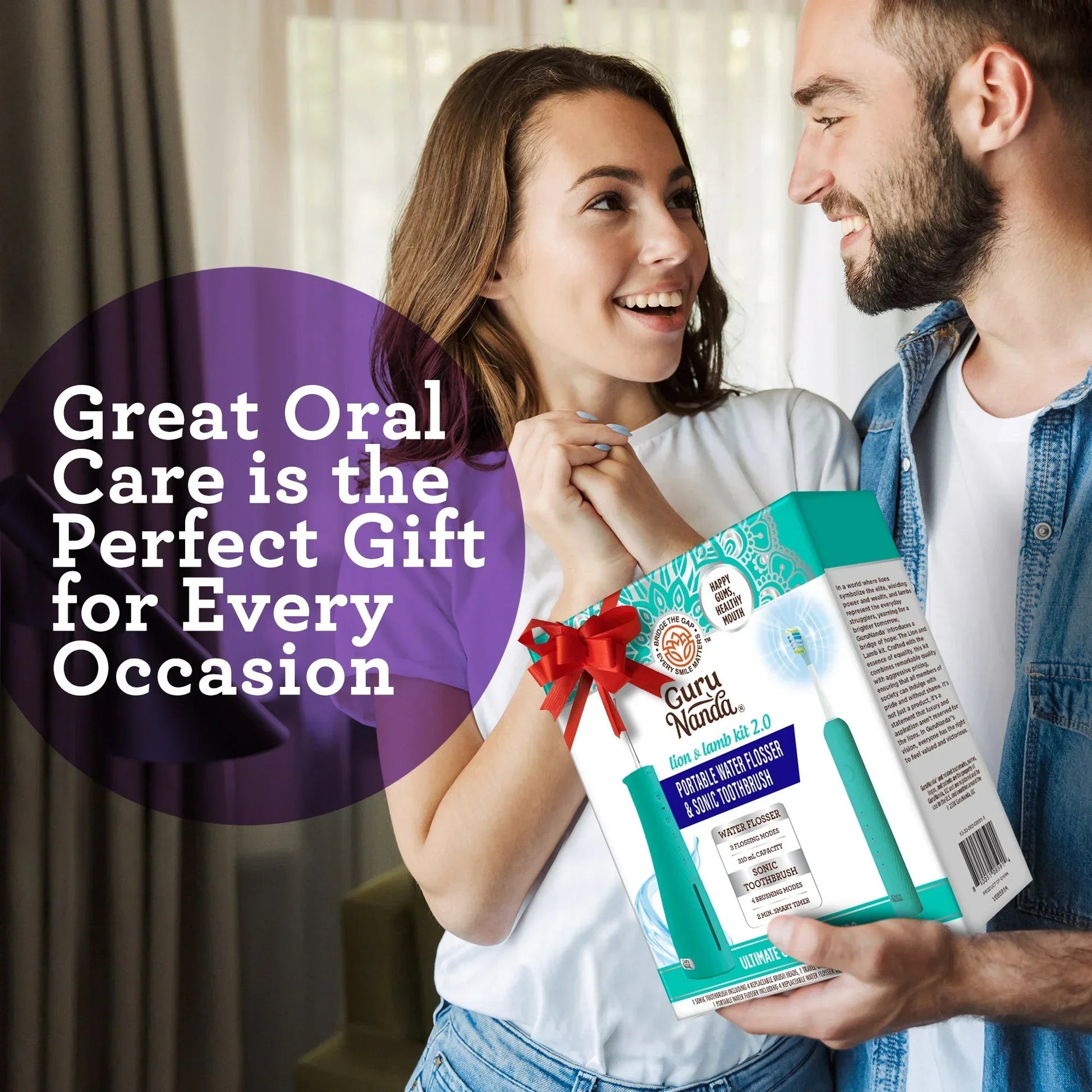 Teal oral care gift set with Guru Nanda packaging held by a smiling couple