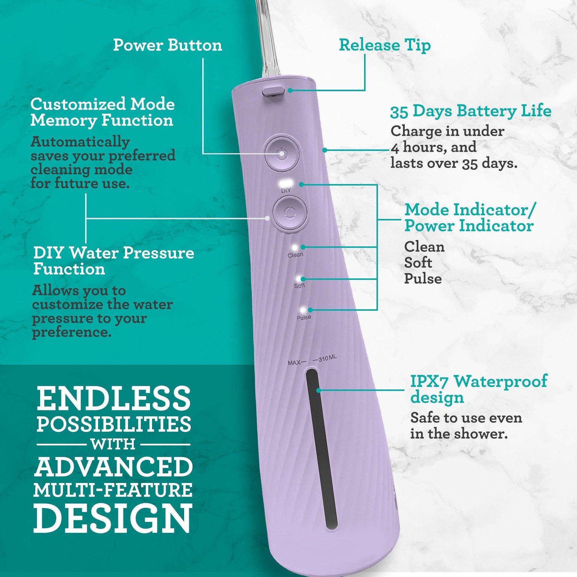 Lavender sonic toothbrush front view with power button and mode indicators