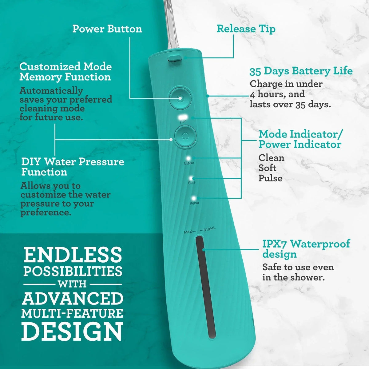 Teal water flosser with mode indicator, power button, and IPX7 waterproof design