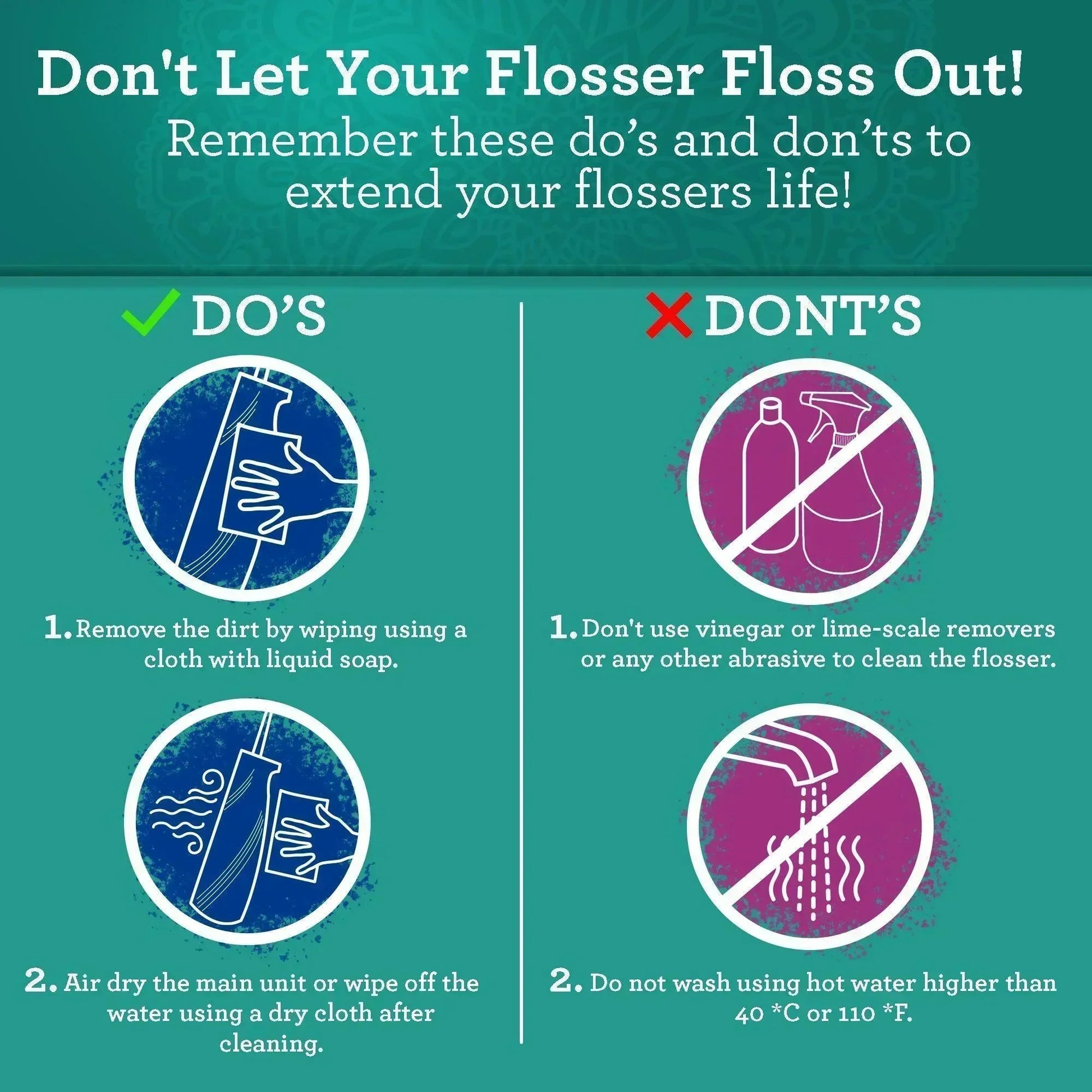 Teal flossers do's and don'ts chart for maintaining your flosser after use