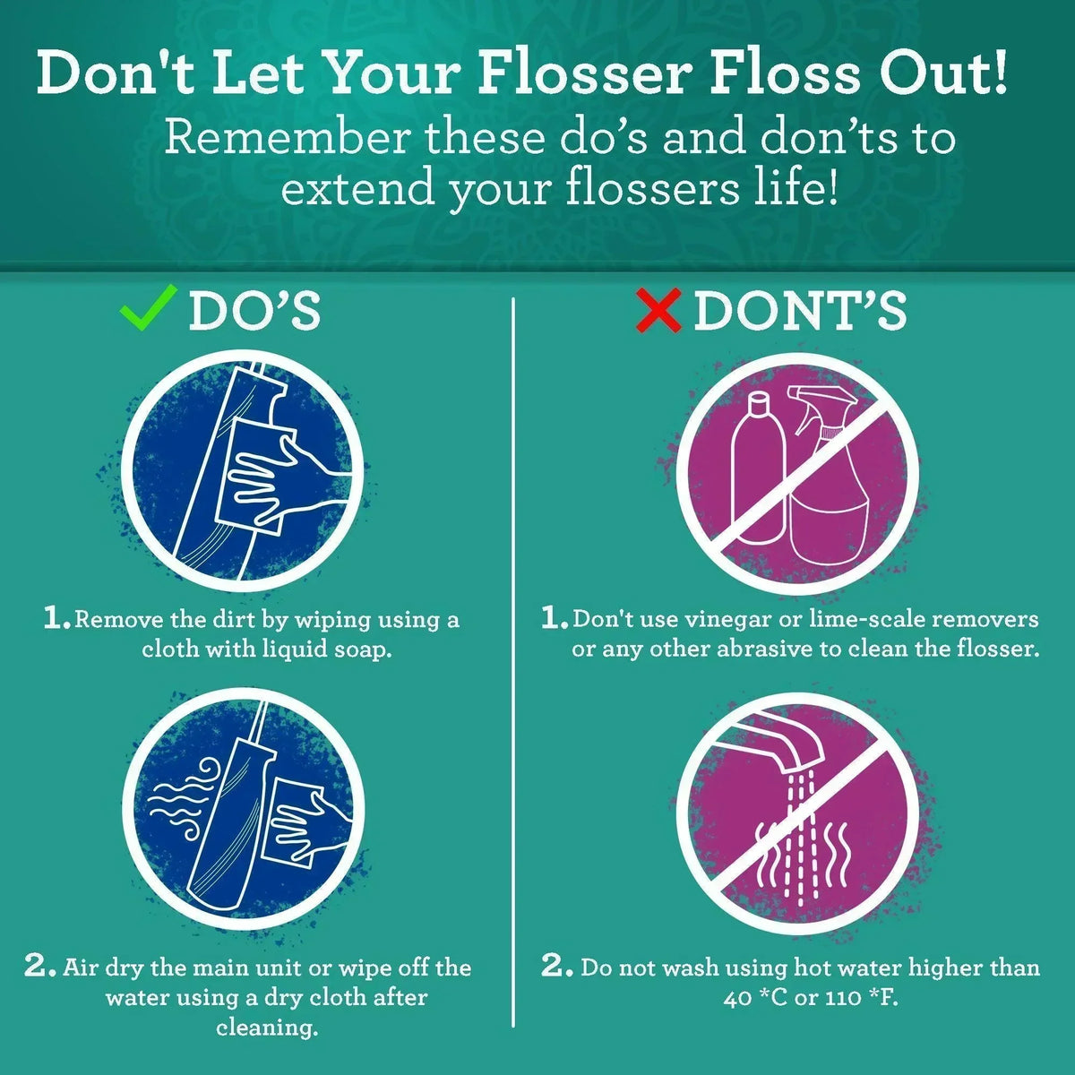 Flosser care reminder graphic with do and don't cleaning instructions.