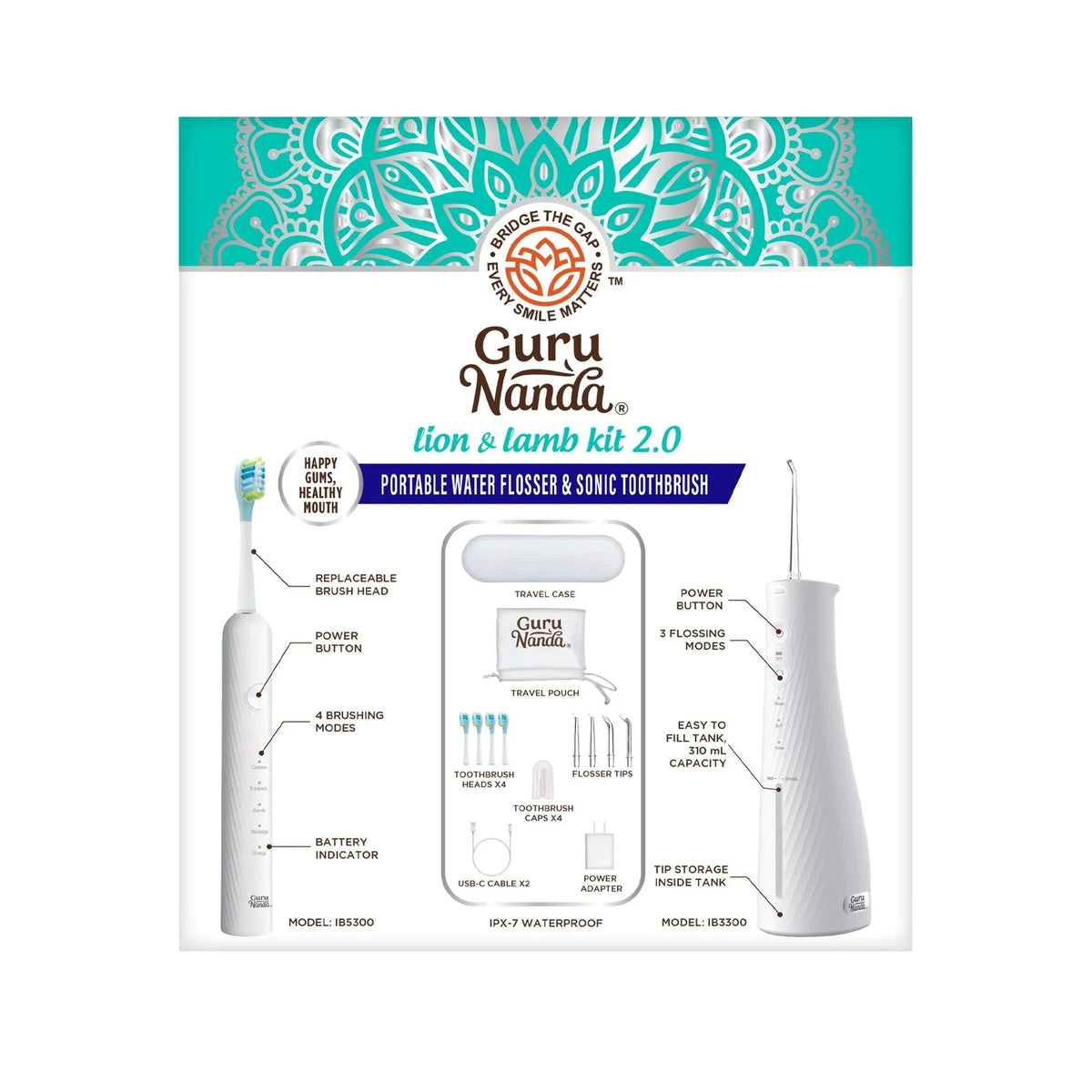 Lion and Lamb portable water flosser and sonic toothbrush kit box, teal and white.