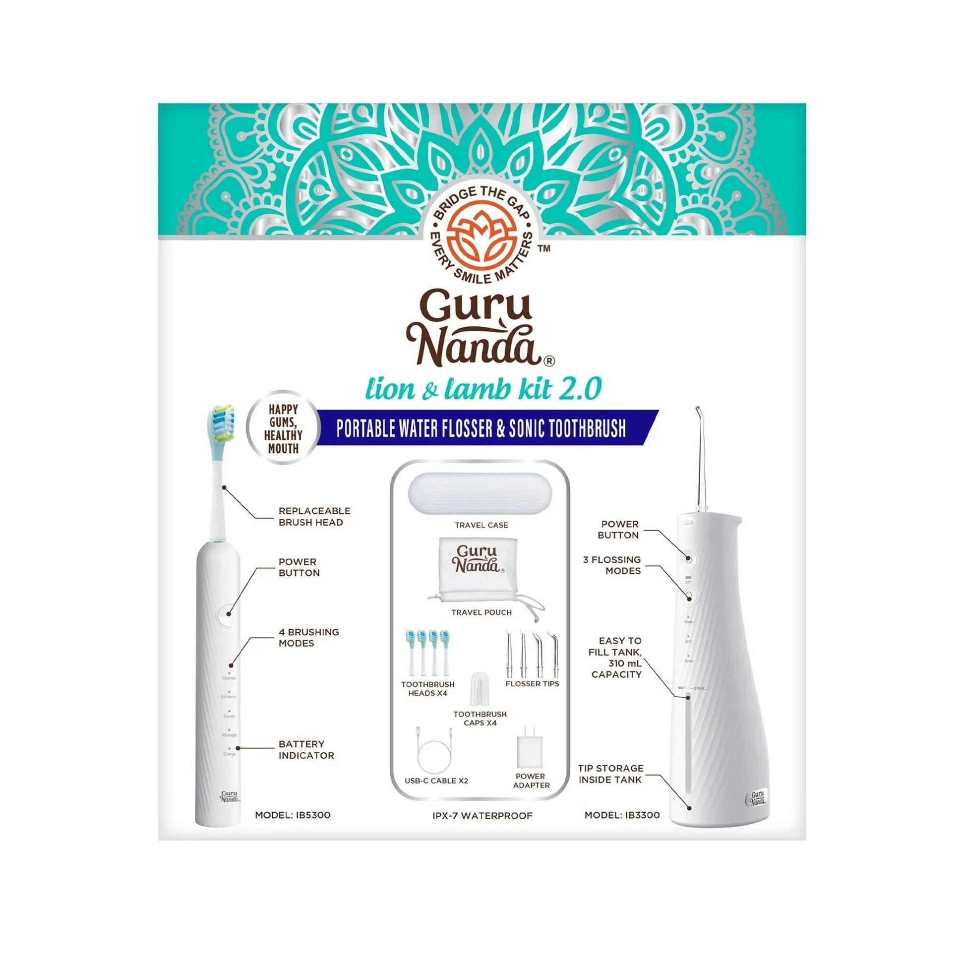 Lion and Lamb portable water flosser and sonic toothbrush kit box, teal and white.