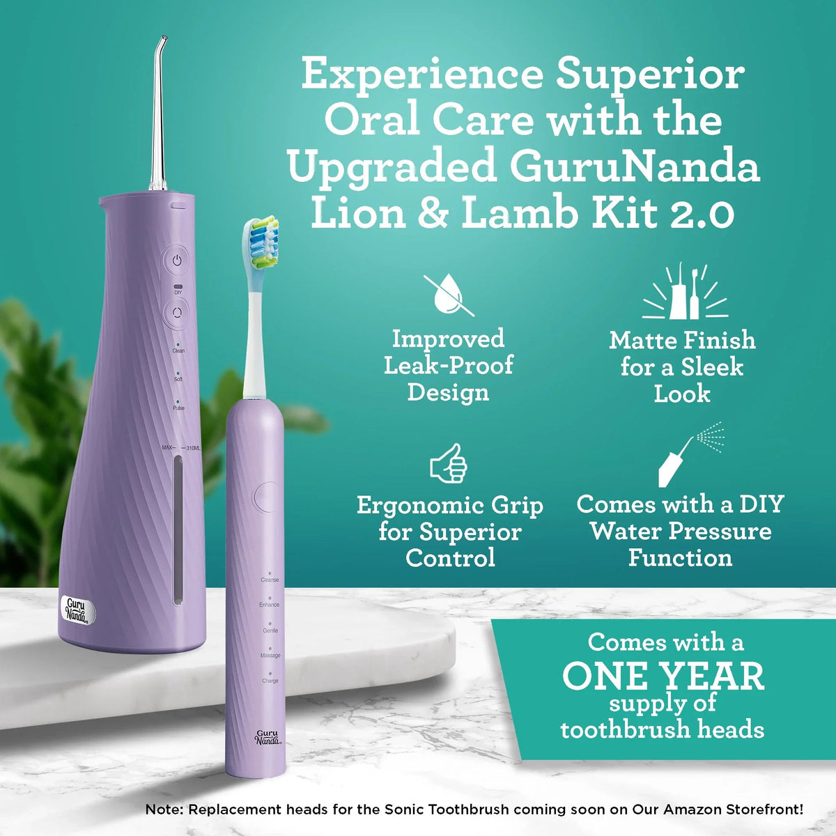Lavender water flosser and sonic toothbrush with interchangeable brush heads