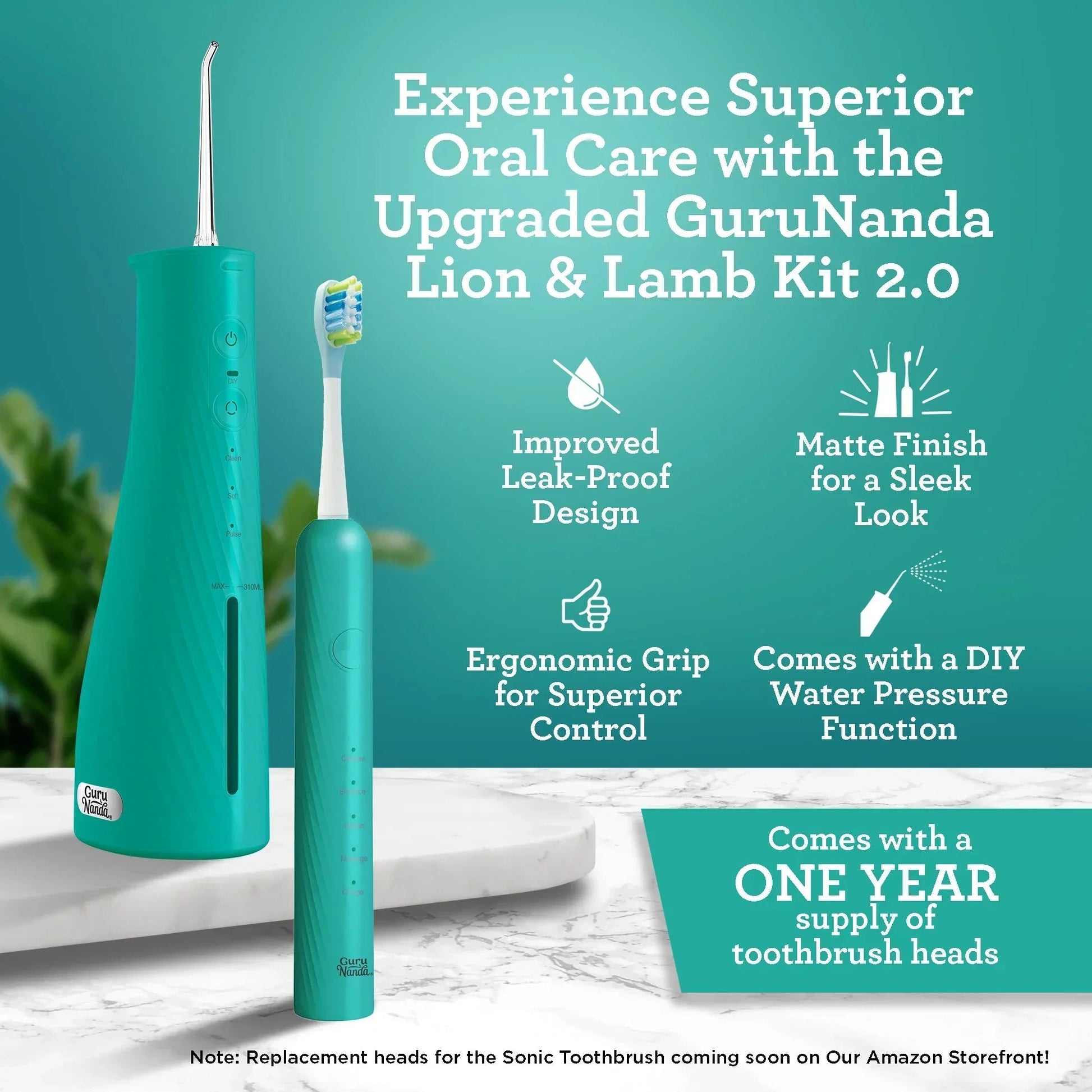 Teal sonic toothbrush and water flosser base with ergonomic grip and matte finish