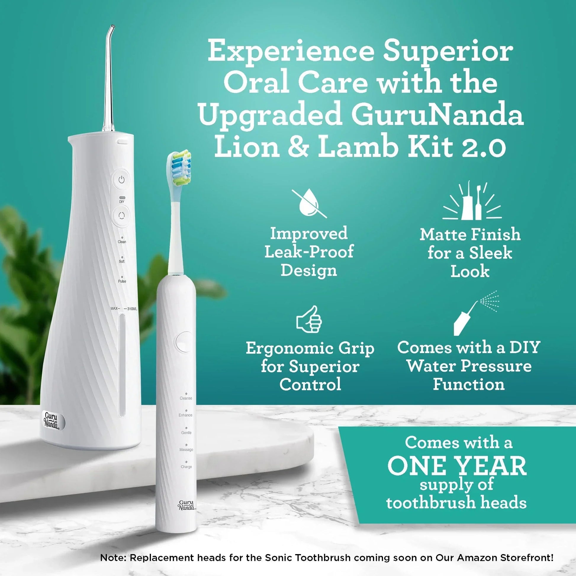 White portable sonic toothbrush and water flosser with multiple colorful brush heads.