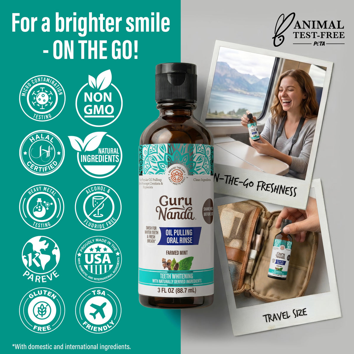 Oil pulling oral rinse bottle with turquoise label and travel-size packaging display
