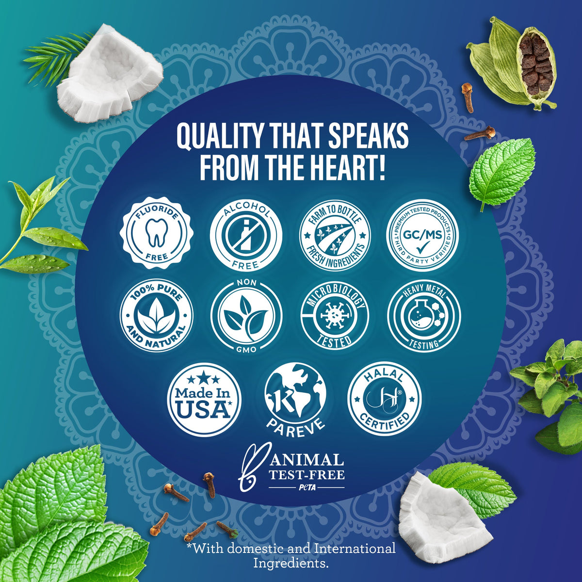 Round quality badge with icons for fluoride-free, alcohol-free, and vegan certifications.