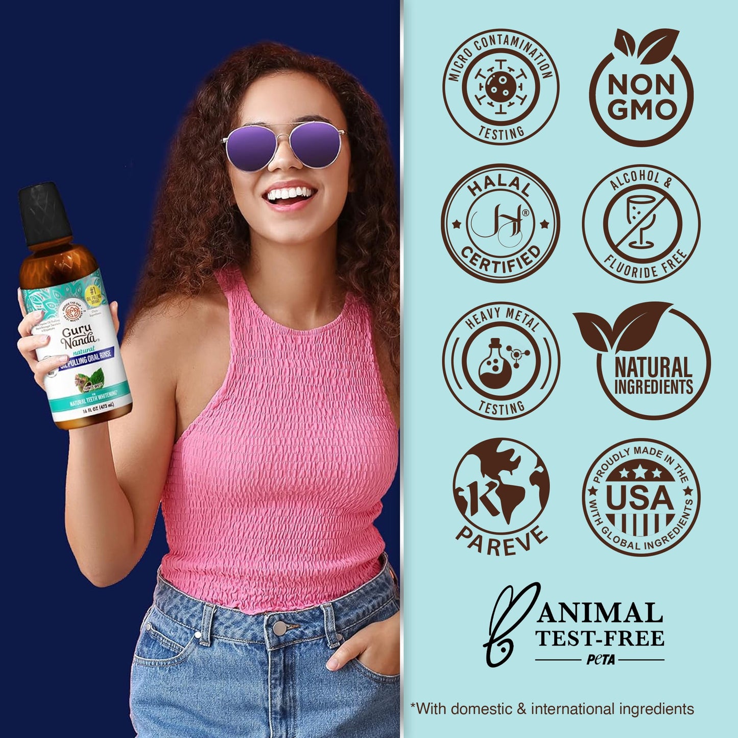 Guru Nanda oil pulling oral rinse bottle held by a smiling woman