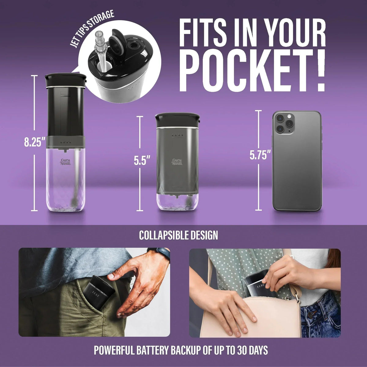 Black and lavender compact dental water flosser shown with slim nozzle and tank