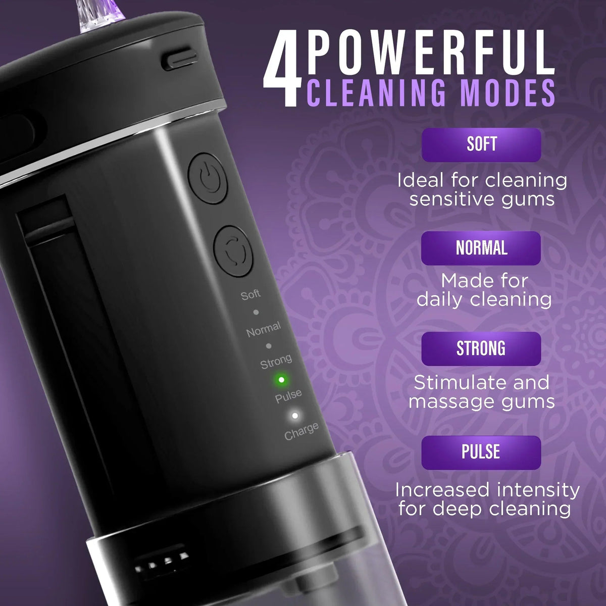 Black dental water flosser base with multiple cleaning mode buttons and display