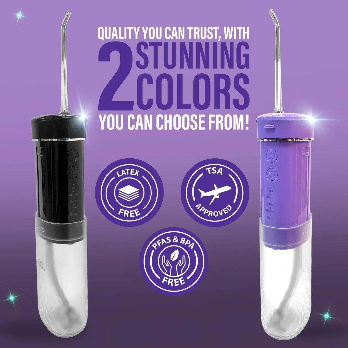 Two-color compact dental water flosser: black and lavender with protective tips