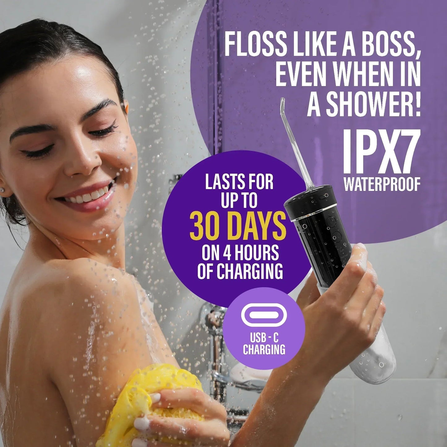 Handheld dental water flosser with transparent water tank, shown in shower use