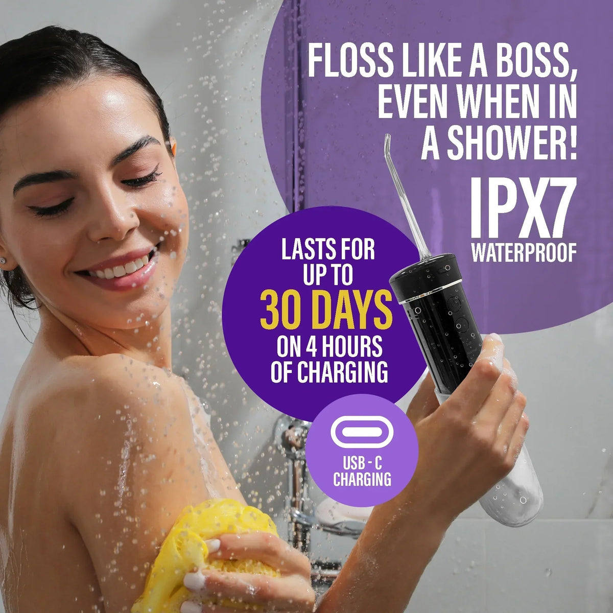 Handheld dental water flosser with transparent water tank, shown in shower use