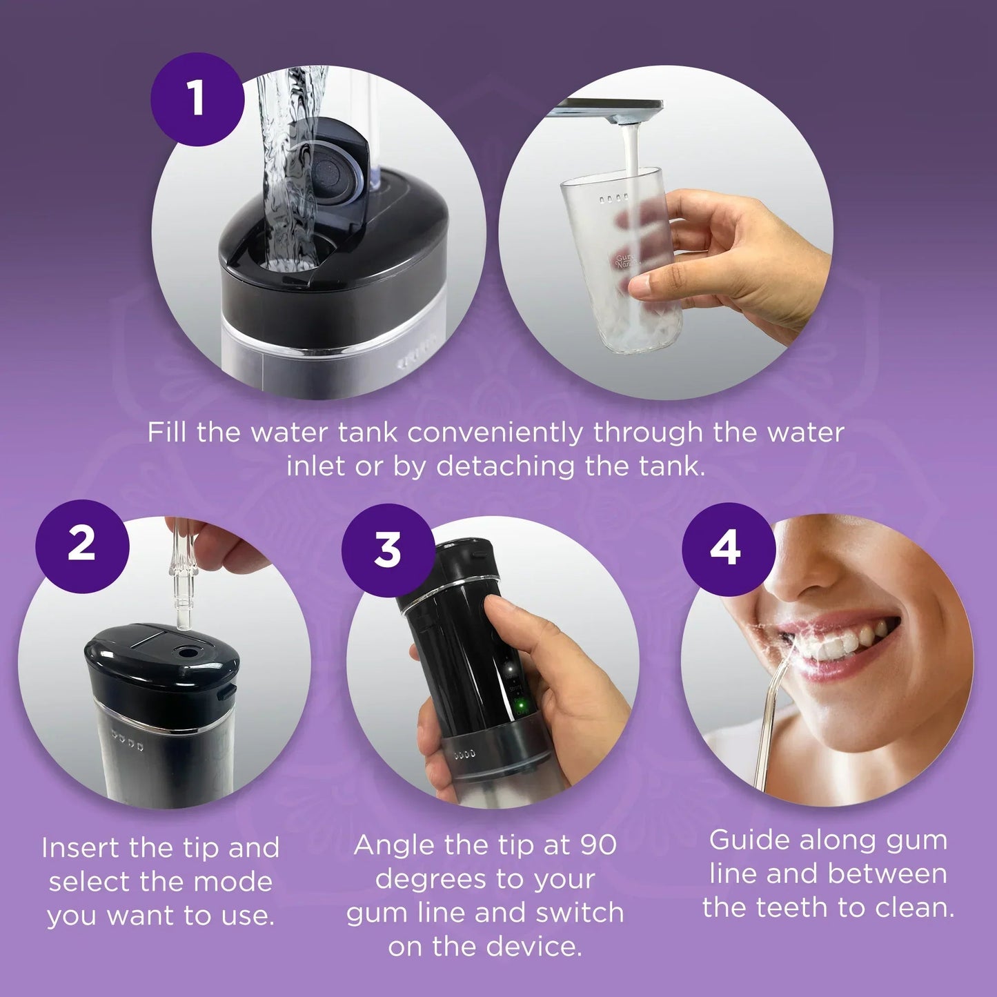 Compact water flosser steps showing detachable tank, filling, and angled nozzle